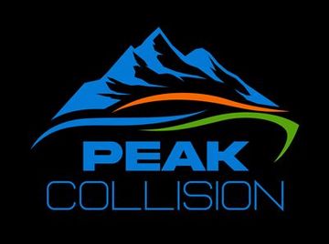A logo for peak collision with a mountain in the background
