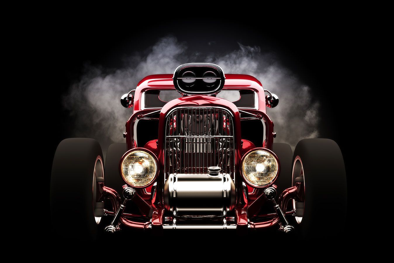 A red hot rod with smoke coming out of the hood.