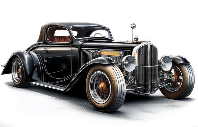 A black old fashioned car is sitting on a white surface.