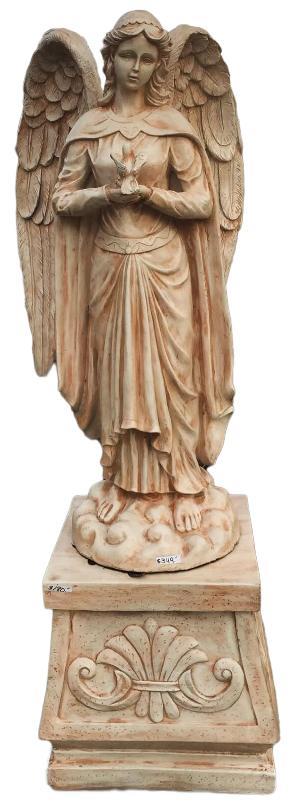 Carved angel statue on a pedestal, holding a child and looking downward
