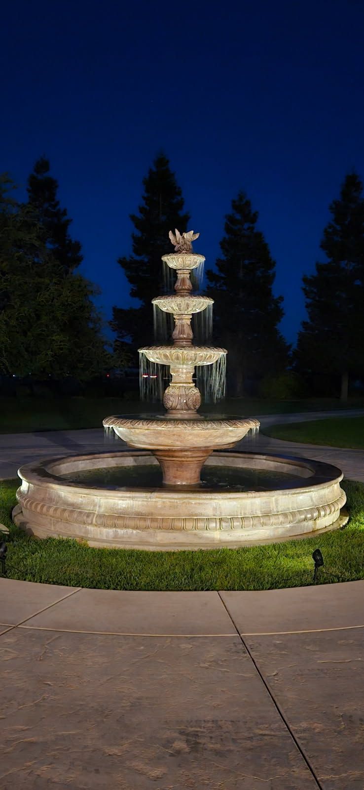 Tiered stone fountain lit at night in a park, with trees silhouetted against a dark blue sky