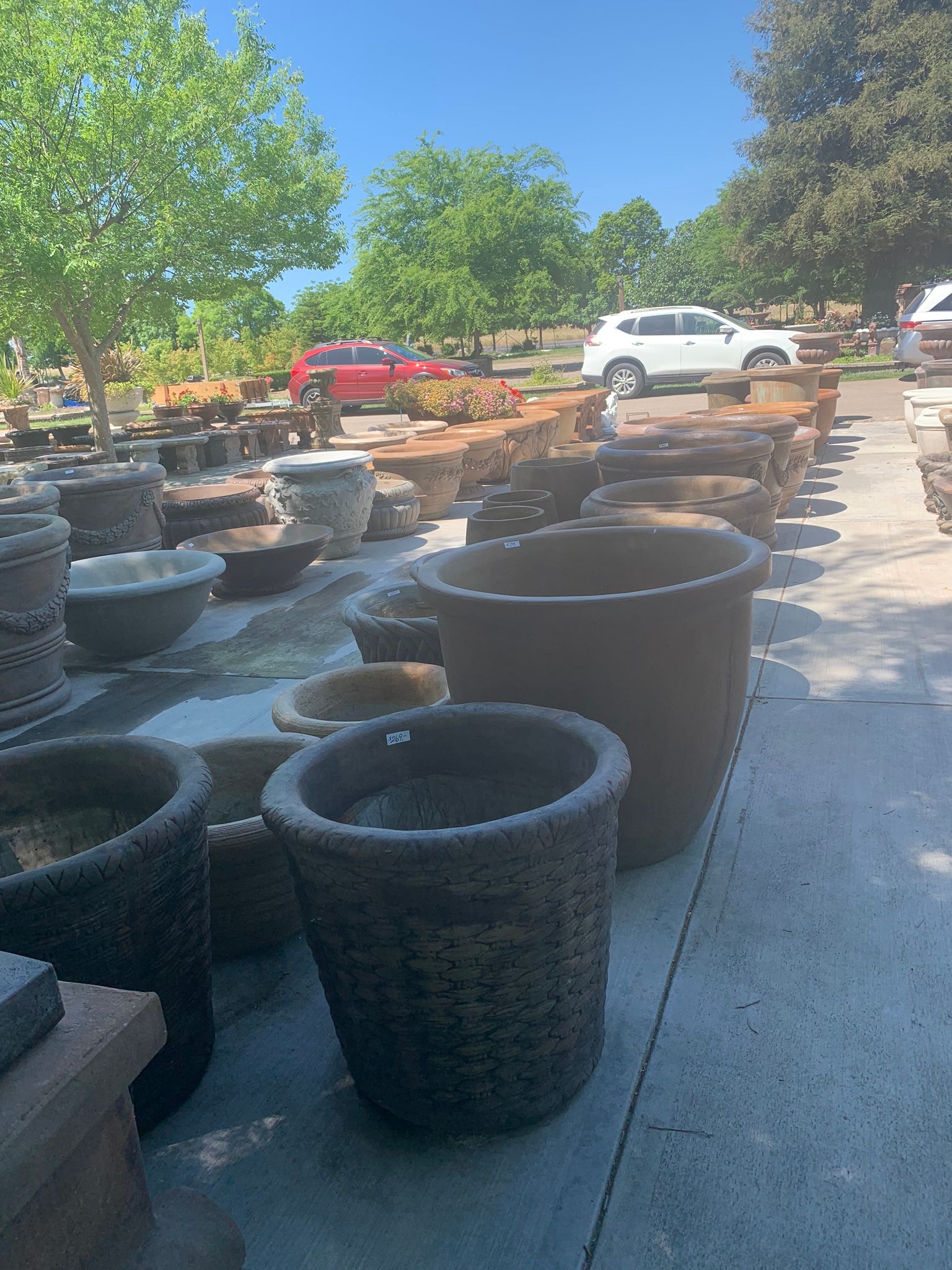 Outdoor lot with rows of large planters, trees, and parked vehicles under a bright blue sky
