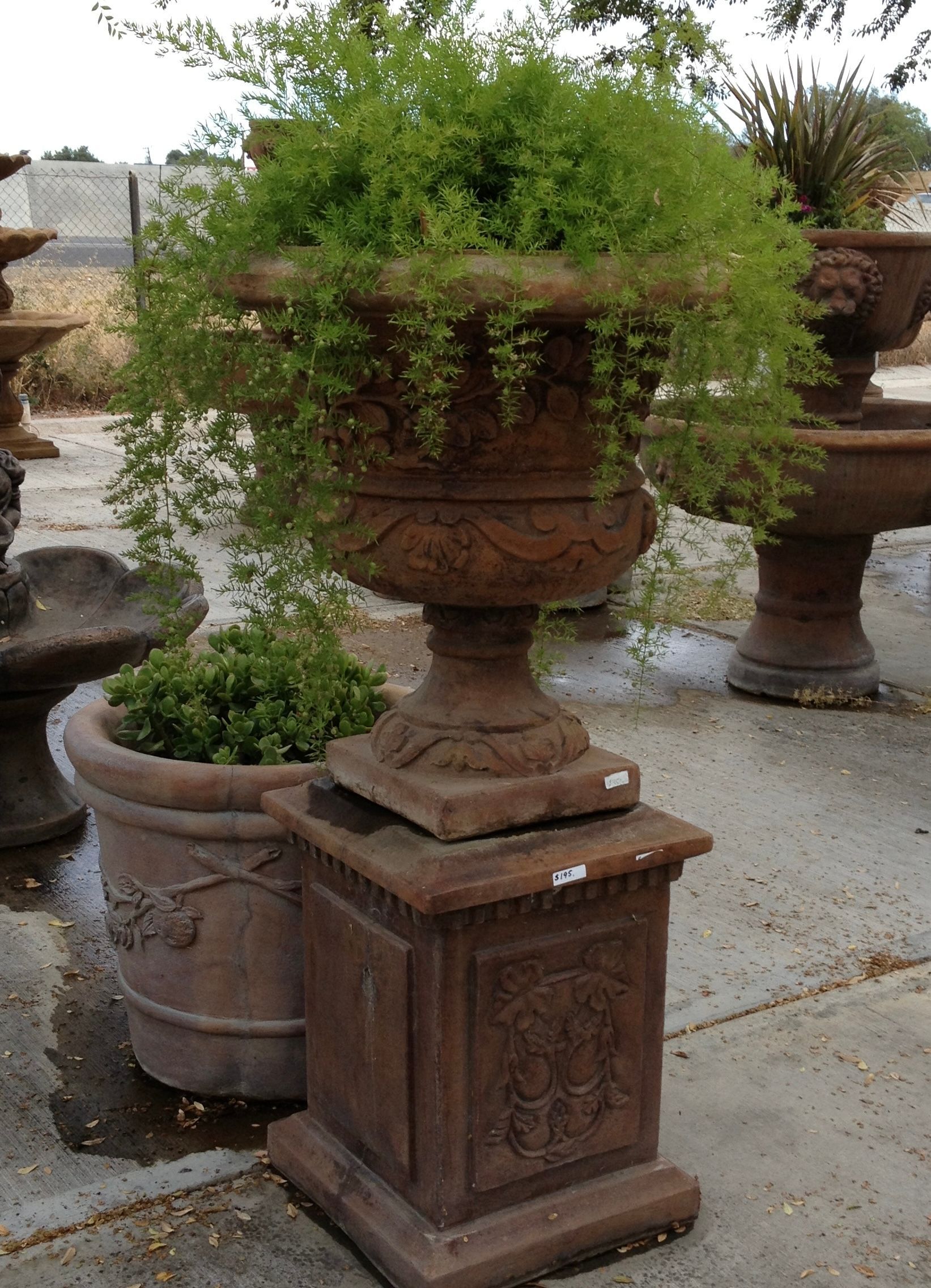 Rust-colored urn planter with cascading green plants on a pedestal in a garden patio.