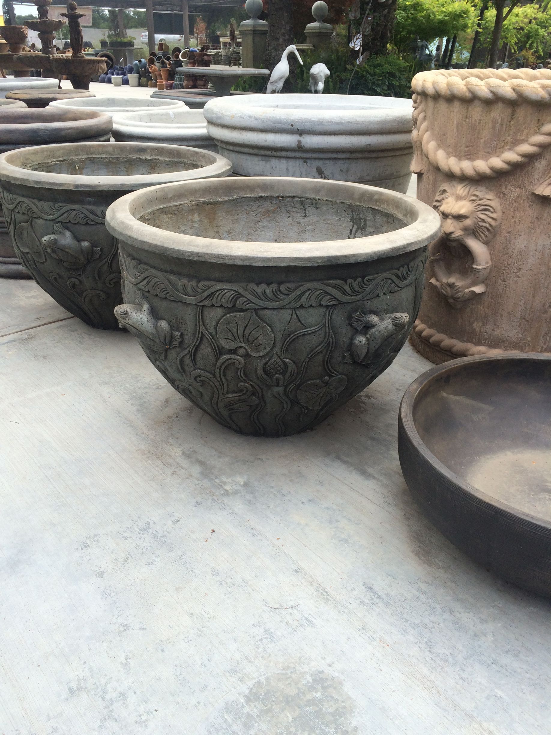 Large decorative outdoor planters and pots lined up on a concrete surface.