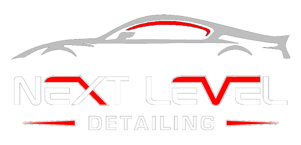 Logo for Next Level Detailing, featuring a car silhouette above the company name in gray and red.