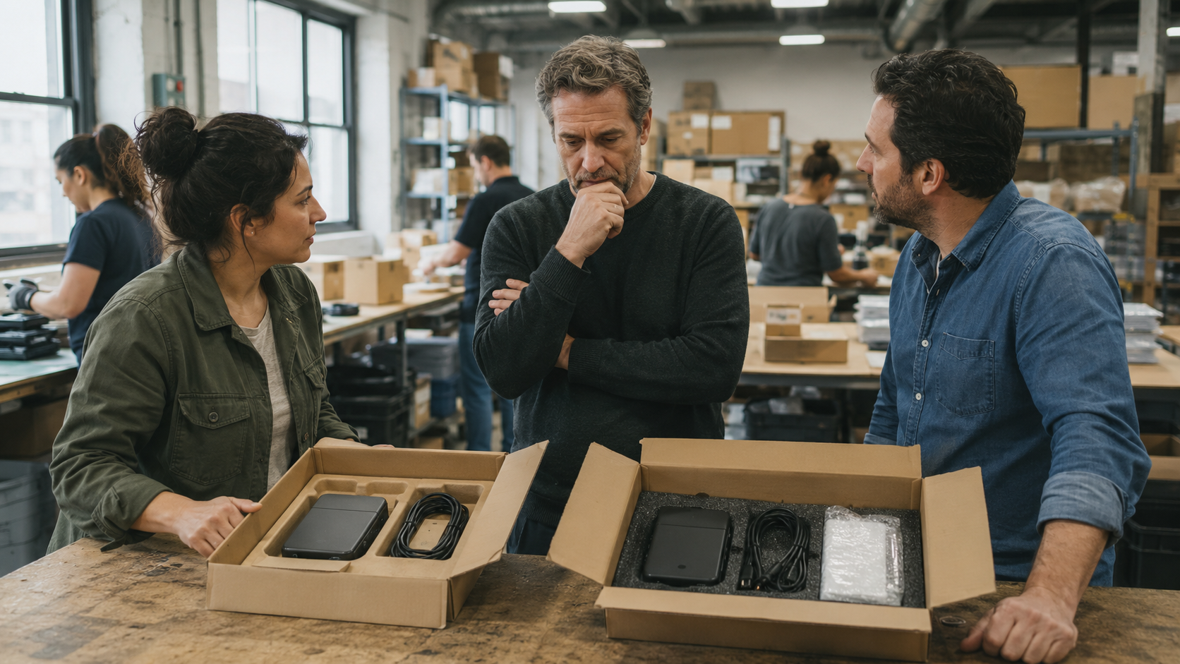 Three coworkers discussing prototype devices in a bright workshop with open boxes on the table