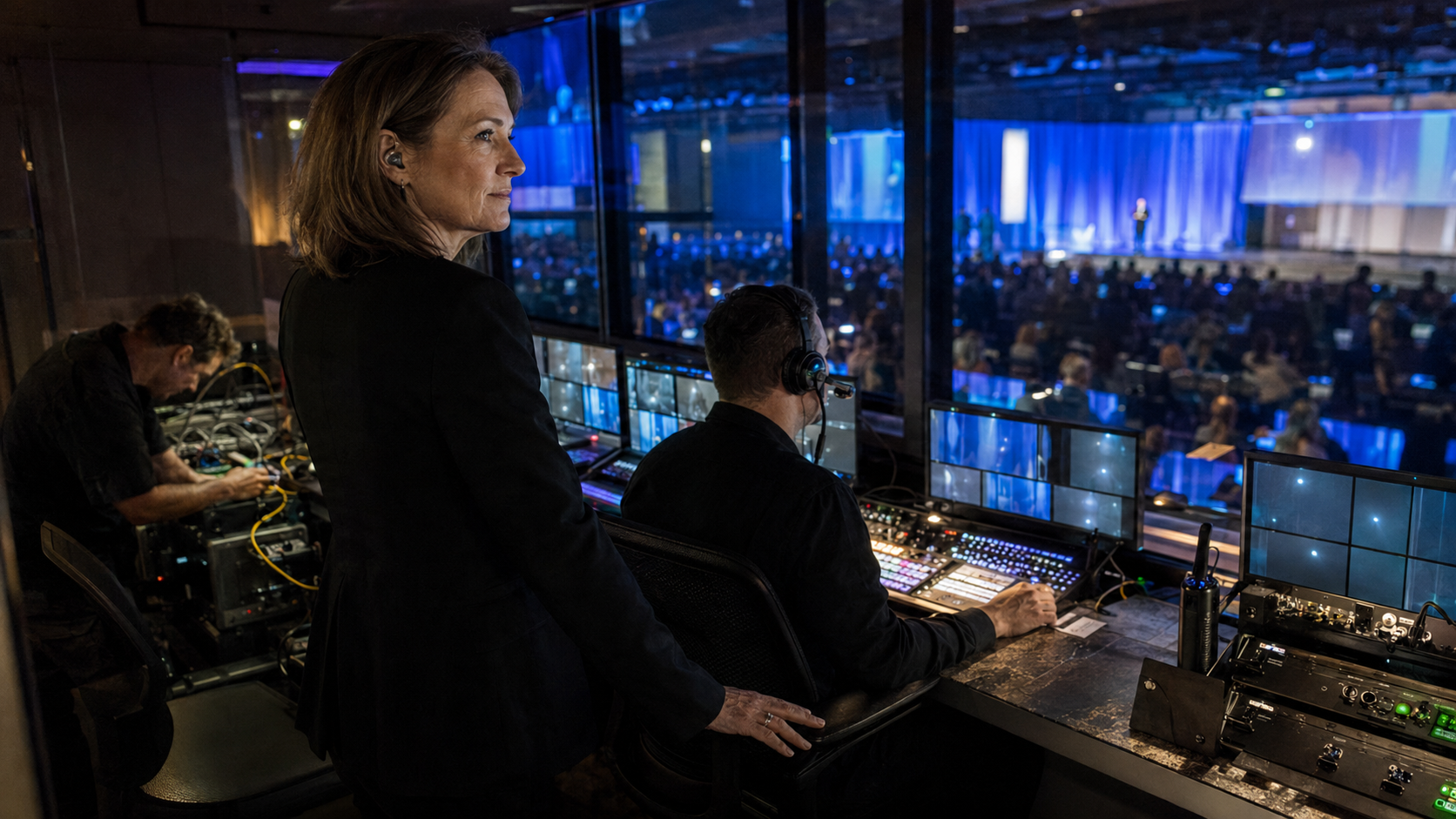 Control booth overlooking a crowded blue-lit event, with operators monitoring multiple screens