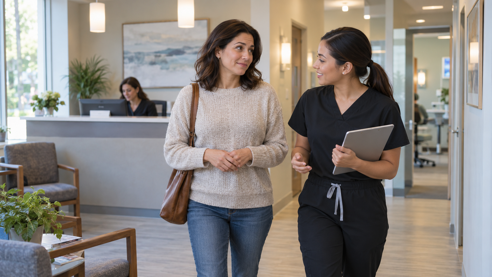 Two coworkers walking and talking in a modern office hallway, one holding a tablet.