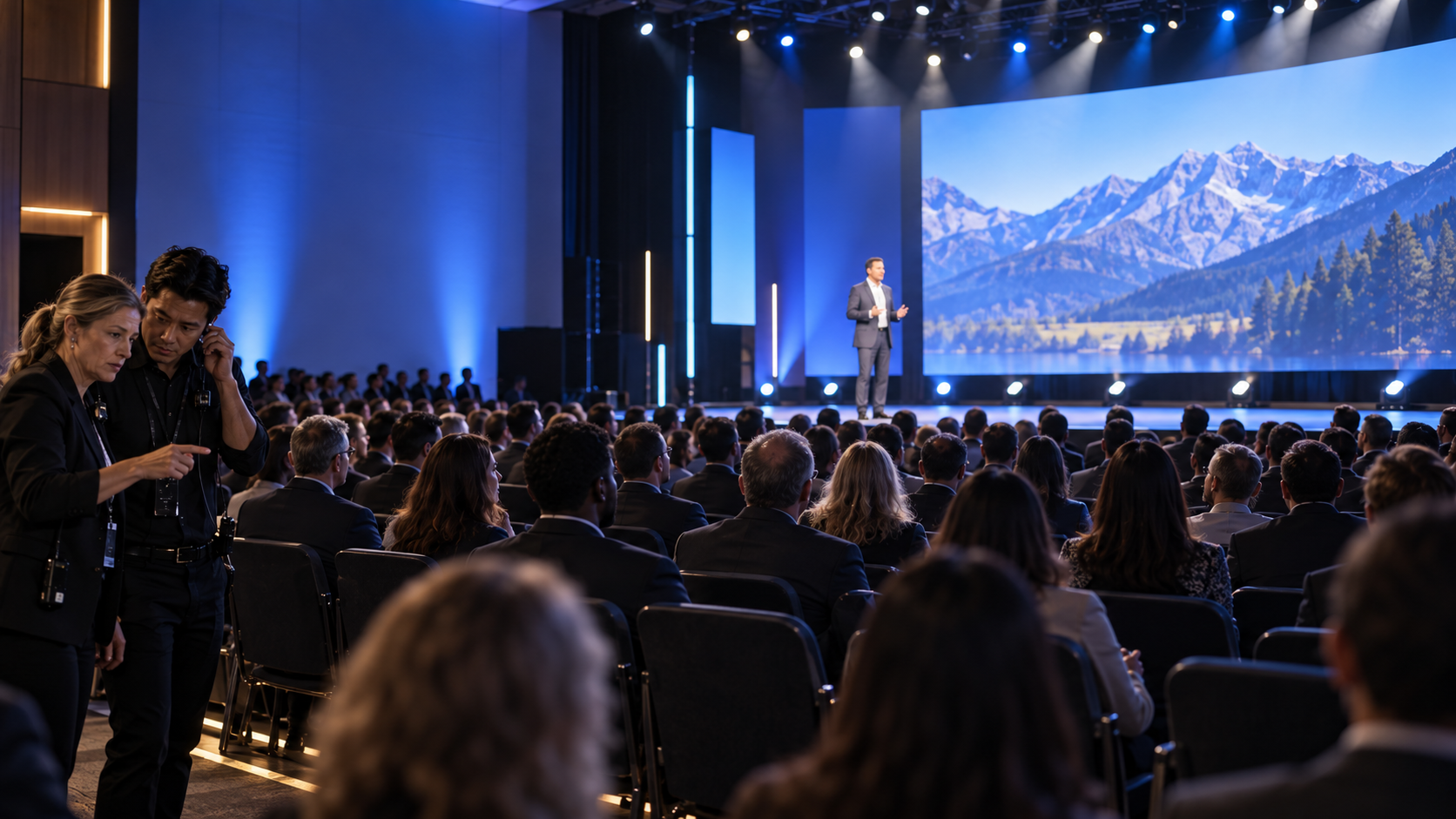 Conference audience watching a keynote on a stage with blue lighting and a mountain landscape screen.