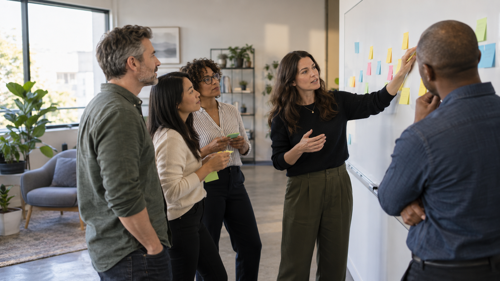Four coworkers discuss ideas beside a whiteboard with sticky notes in a bright office.