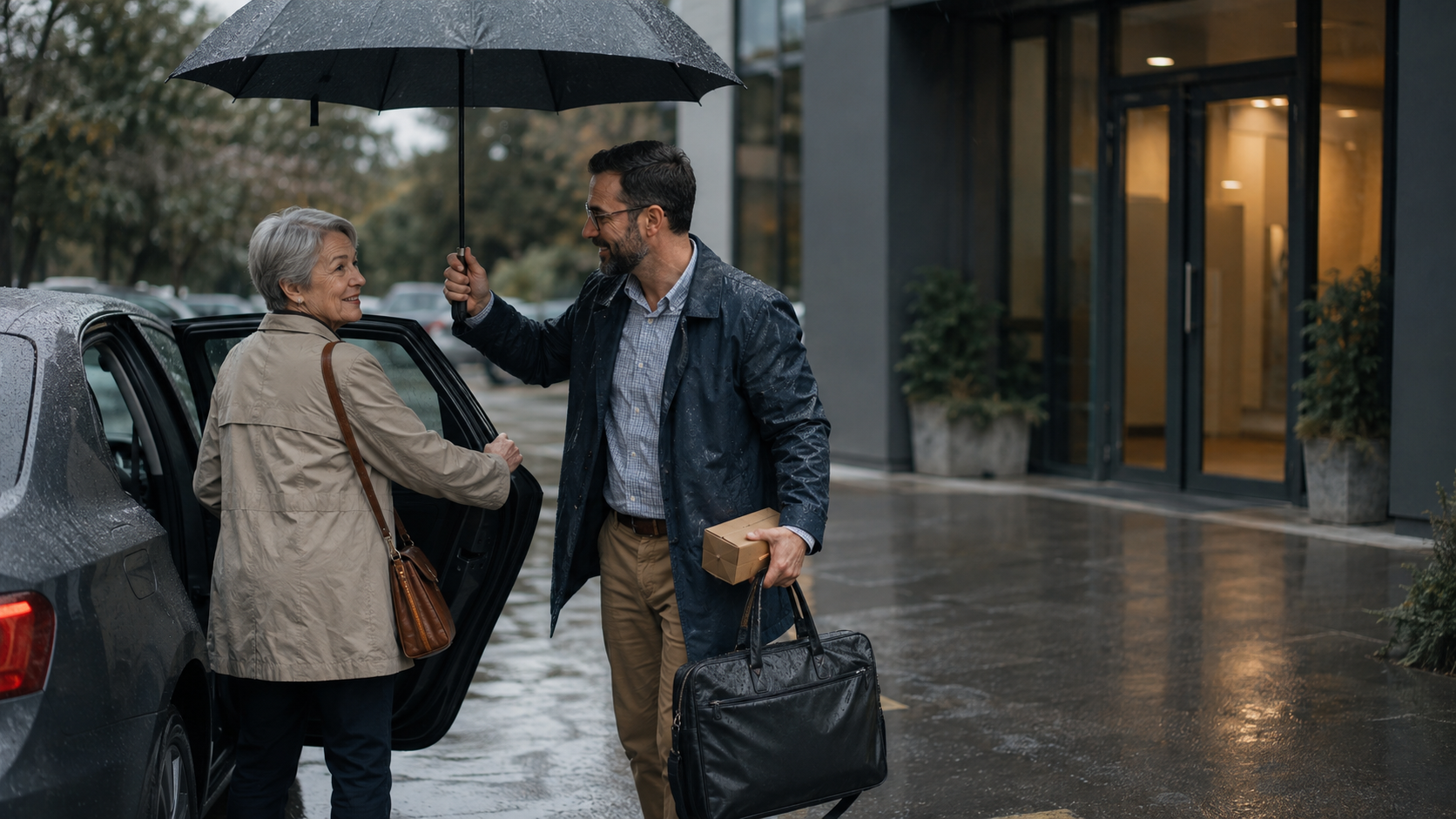 Two people share an umbrella outside a building on a rainy day, one holding a black bag.