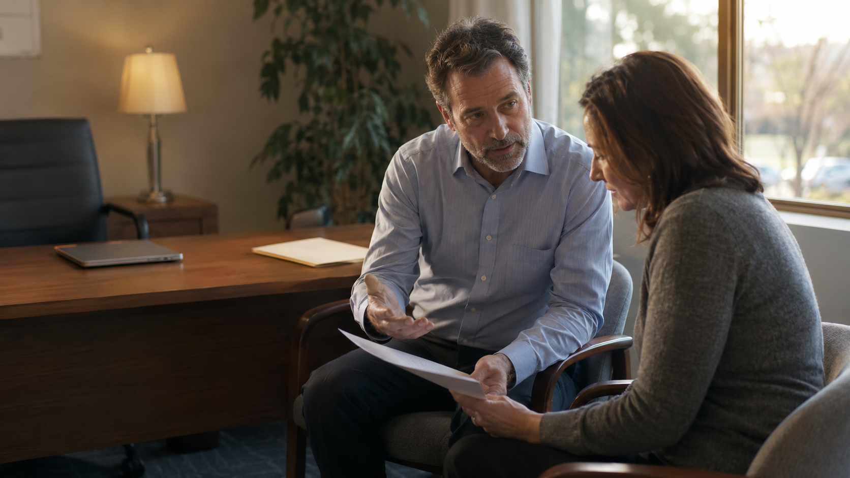 Two people talk quietly in a warm office, seated beside a desk with papers and a lamp.