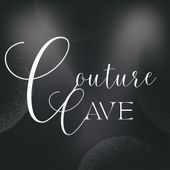 Elegant white “Couture Cave” script on a dark, blurred background with soft light spots