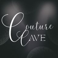 Elegant white “Couture Cave” script on a dark, blurred background with soft light spots
