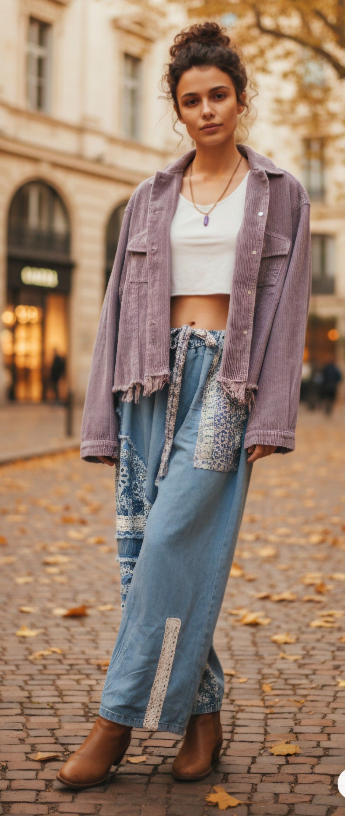 Woman in casual layered outfit standing on a leaf-covered street, wearing a lavender shirt and wide-leg jeans.