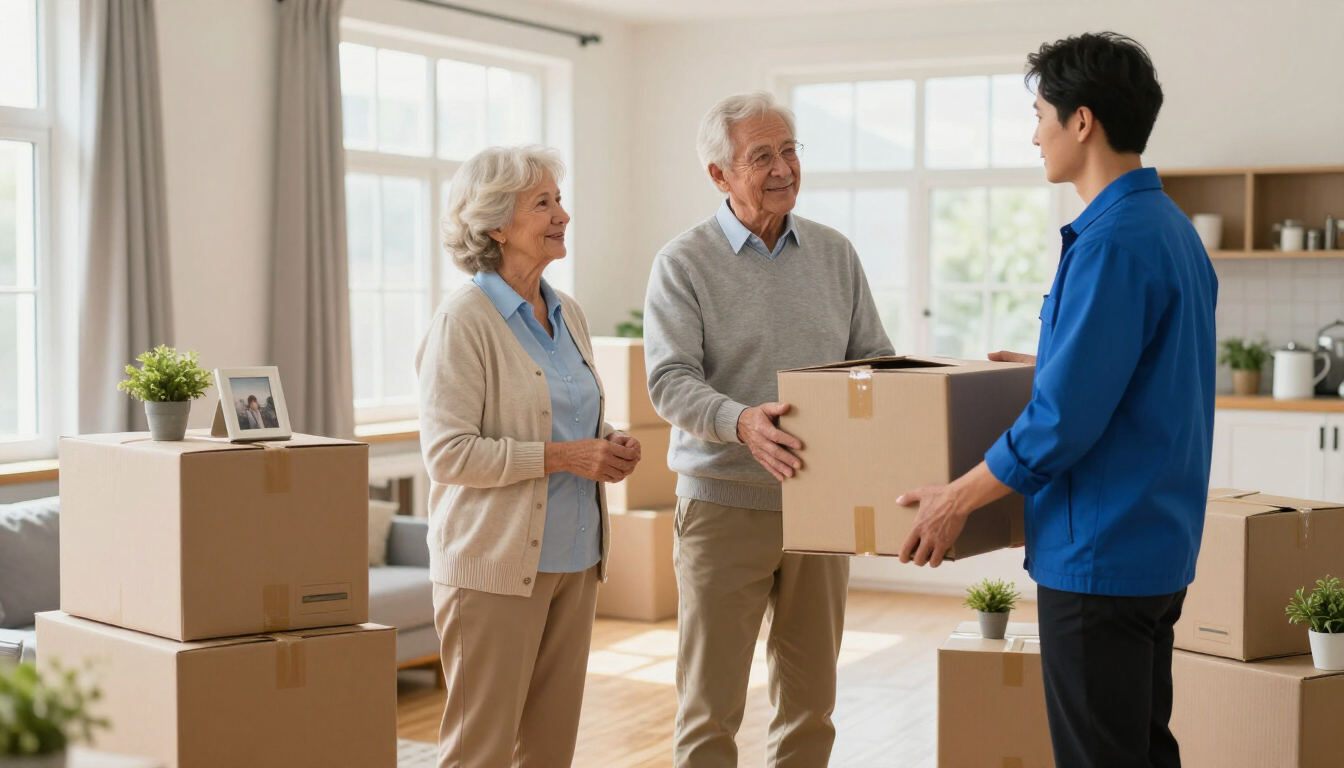 People exchanging a cardboard box in a bright living room with moving boxes nearby