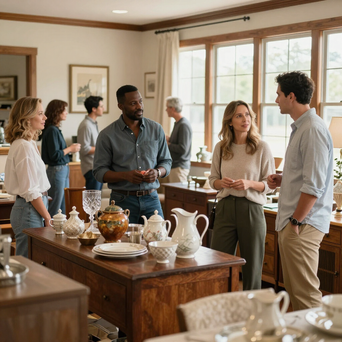 People chatting in a bright antique shop, with wooden furniture and ceramic teapots on display