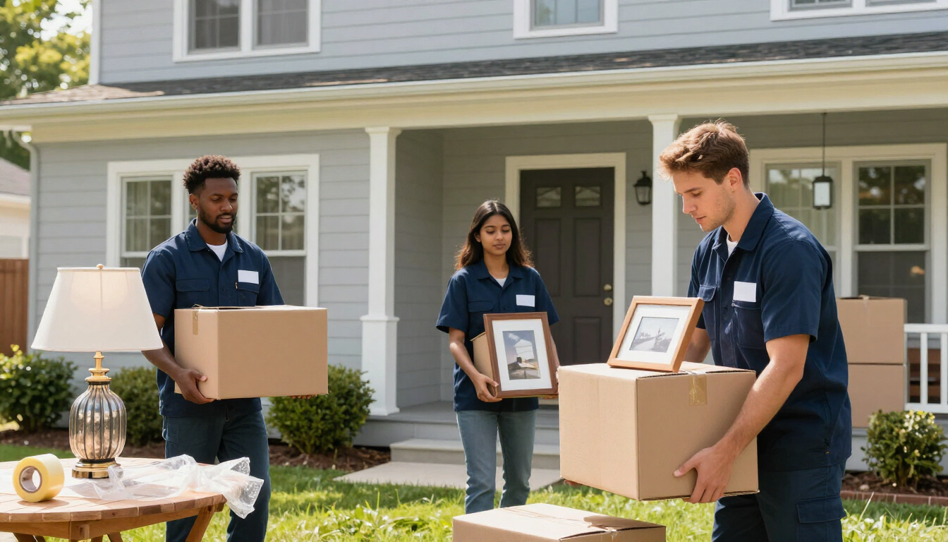 Three volunteers carry boxes outside a suburban house during a moving or donation event.