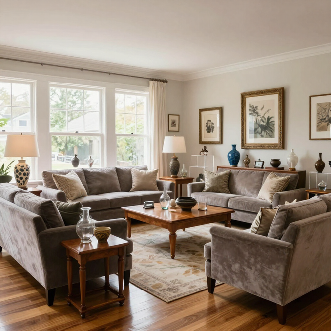 Bright living room with gray sofas, wooden coffee table, lamps, artwork, and large windows