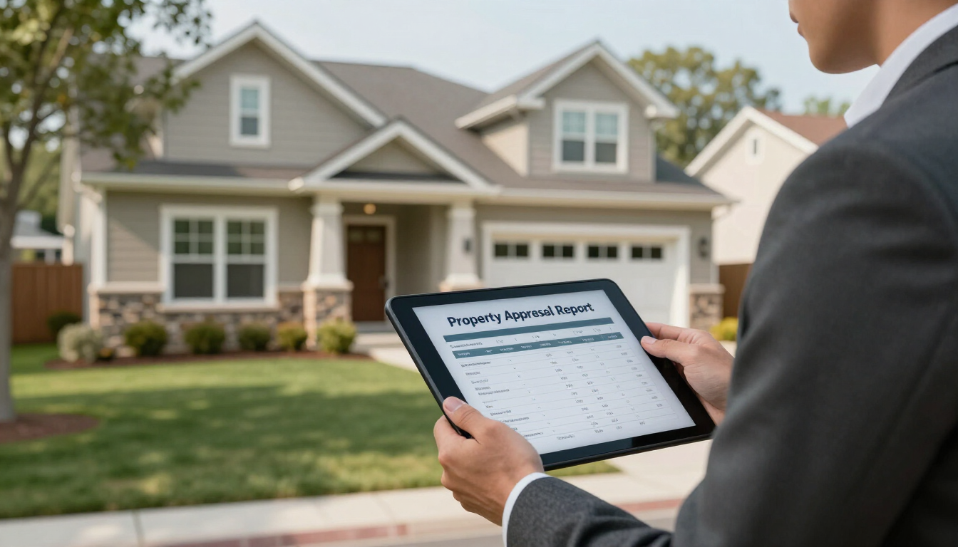 Person holding a tablet while viewing a suburban house for sale on a front lawn