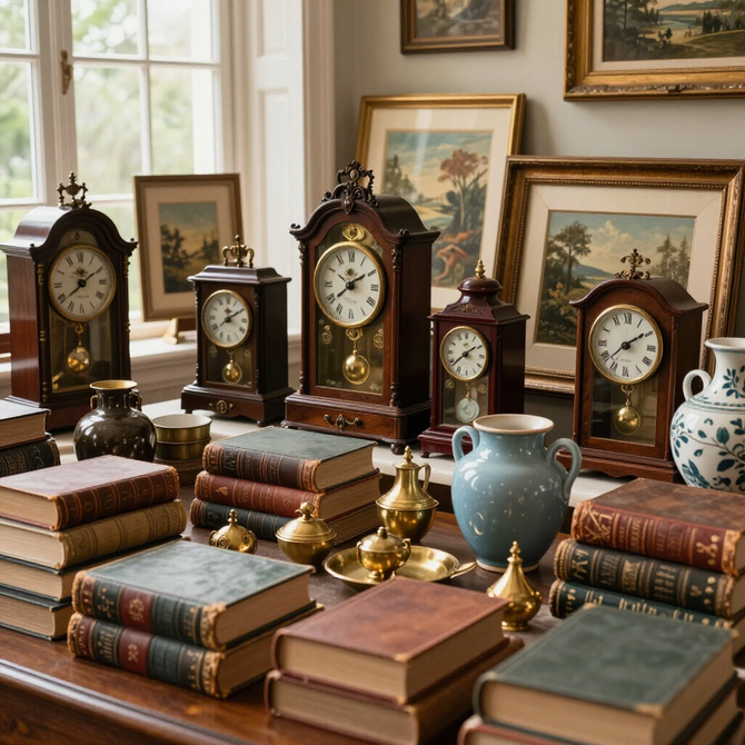 Antique clocks, stacked books, brass ornaments, and ceramic vases on a sunlit wooden table by a window