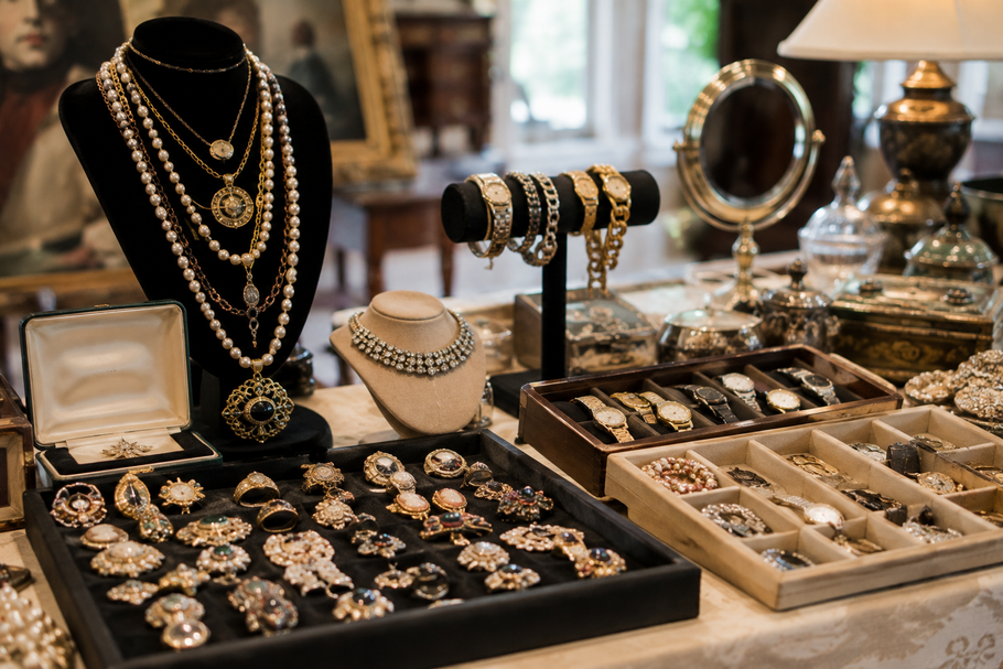 Jewelry display with gold necklaces, rings, and bracelets on black velvet trays and stands
