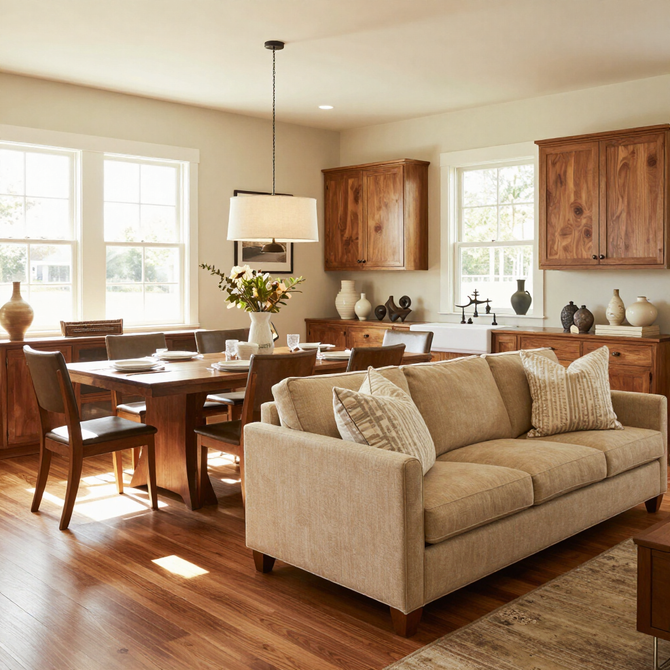 Bright dining and living area with wooden floors, beige sofa, and large windows letting in warm sunlight