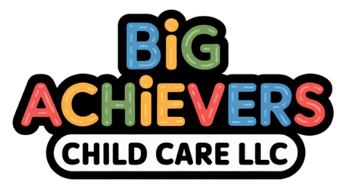 Logo for Big Achievers Child Care LLC: colorful text with a black outline on a white background.