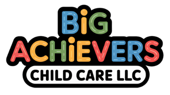 Logo for Big Achievers Child Care LLC: colorful text on a black-outlined white background.