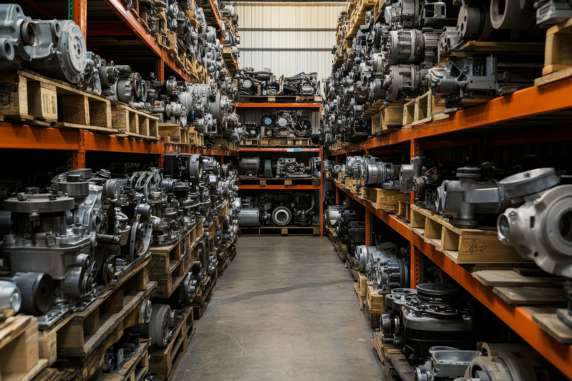Warehouse aisle filled with auto salvage parts on shelves, organized engines and transmissions.