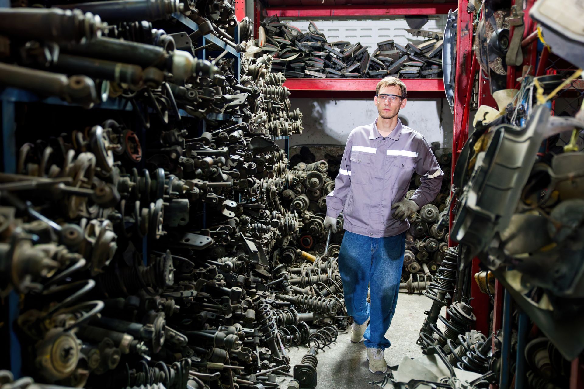 A male worker stands in the middle of rows of used auto parts.