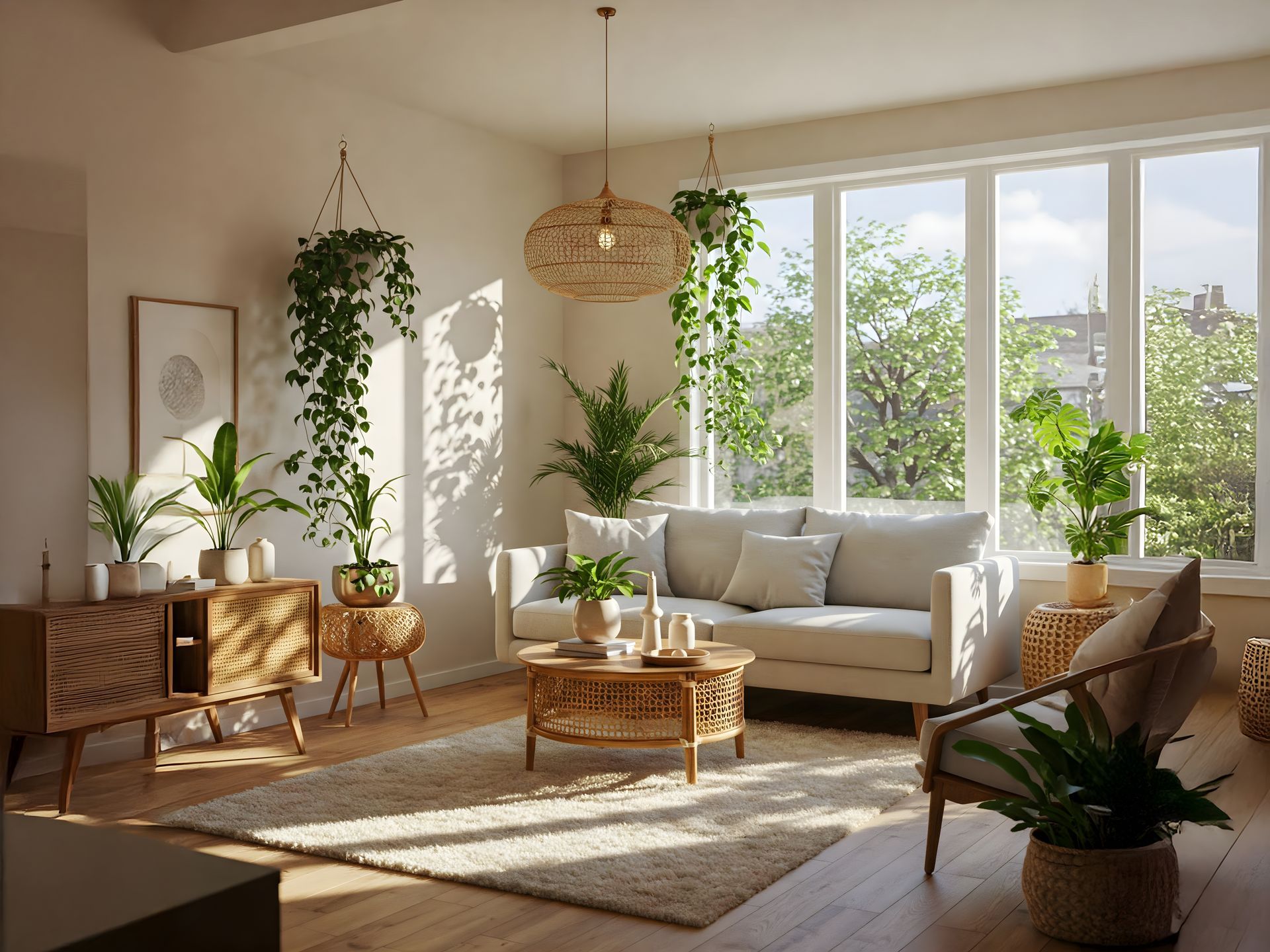 Sunlit living room with cream sofa, wooden coffee table, indoor plants, and large windows