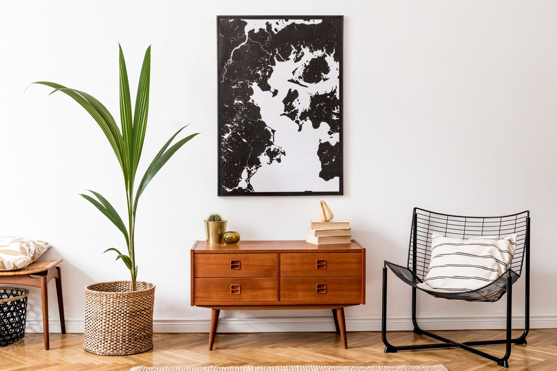 Tall potted palm beside a wooden dresser in a bright, minimalist room