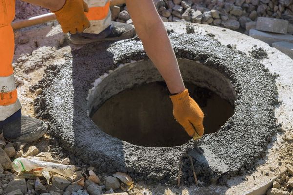 A man is working on a concrete manhole cover.