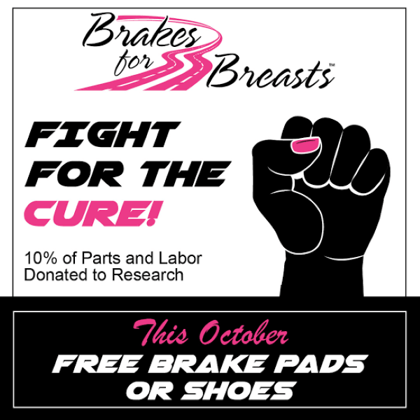 Breasts for Brakes charity ad: “Fight for the Cure” with raised fist and offer of free brake pads or shoes in October