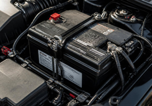 Close-up of a vehicle battery installed in the engine bay