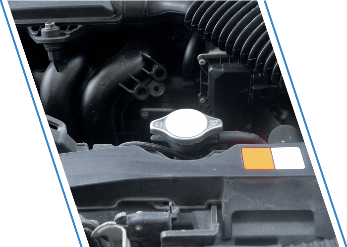 Radiator cap and cooling system components inside an engine bay.
