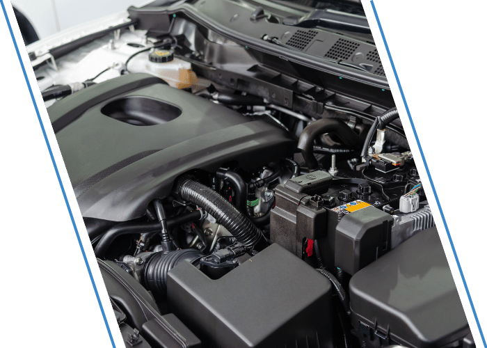 Clean engine compartment showing major engine components.