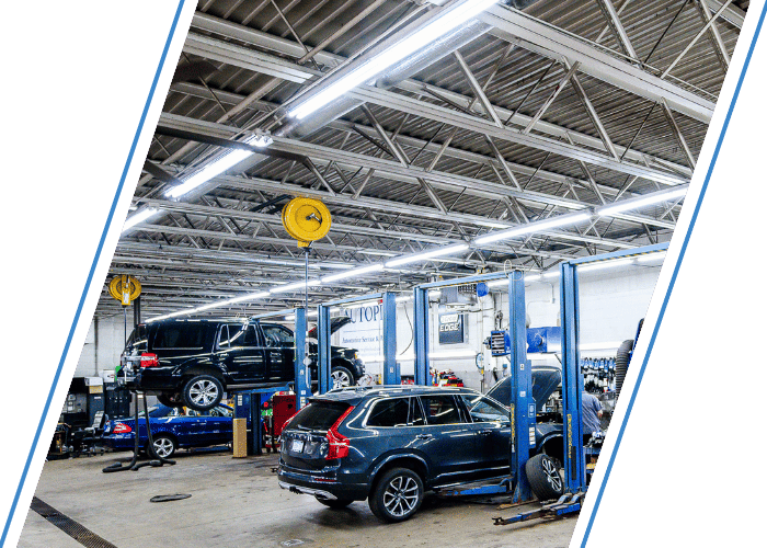 Modern auto repair shop with multiple vehicles on lifts during routine maintenance.