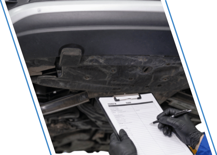Technician inspecting the underside of a vehicle with a clipboard.