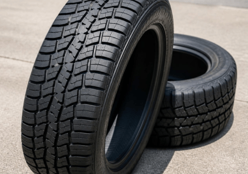 Two all-season tires displayed upright, highlighting deep tread patterns