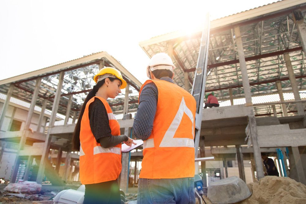 A Man and A Woman Are Standing in Front of A Building Under Construction — Hager Surveying In Banora Point, NSW
