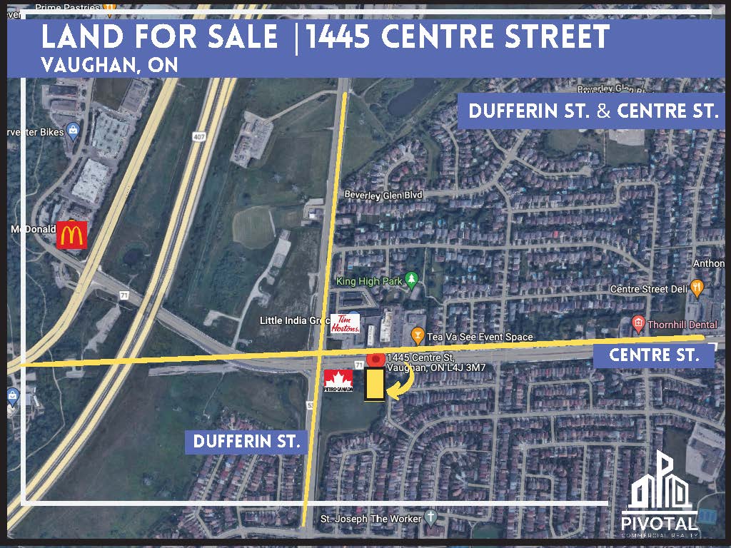 Aerial map showing land for sale at 1445 Centre Street in Vaughan, near the intersection of Dufferin Street and Centre St.