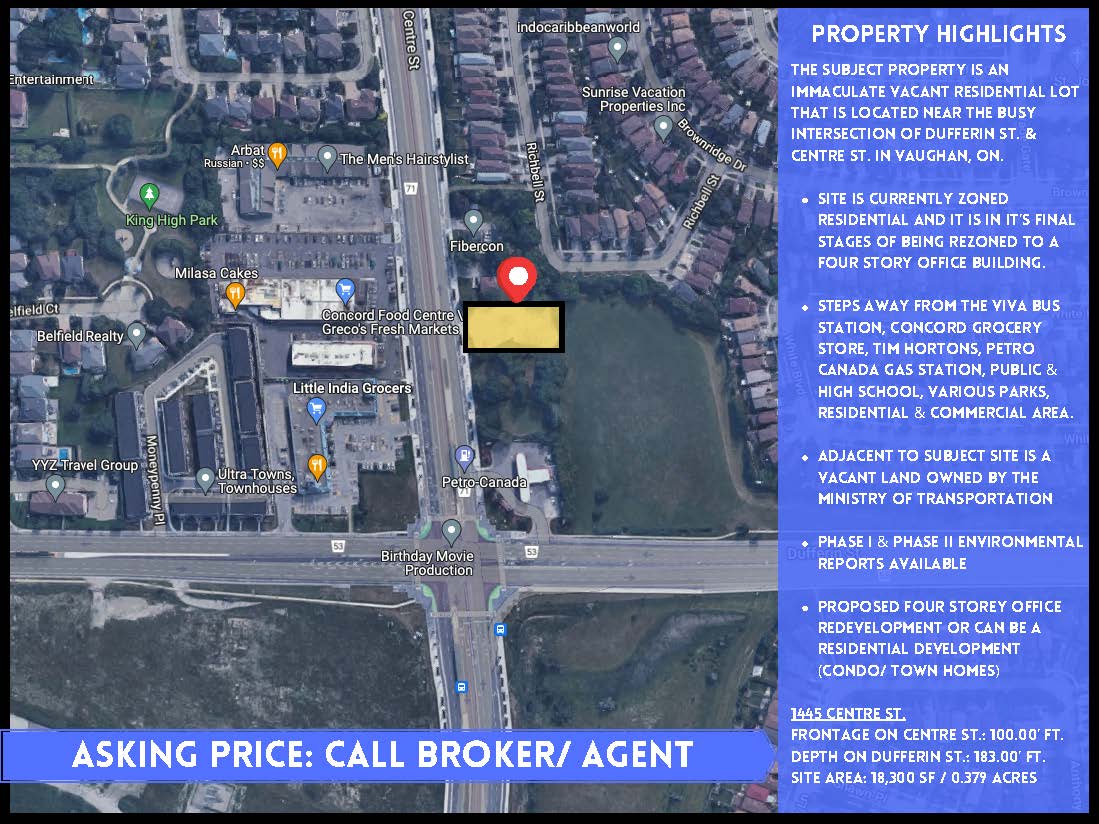 Aerial map showing a commercial property location with a list of highlights and contact instructions on the right side.