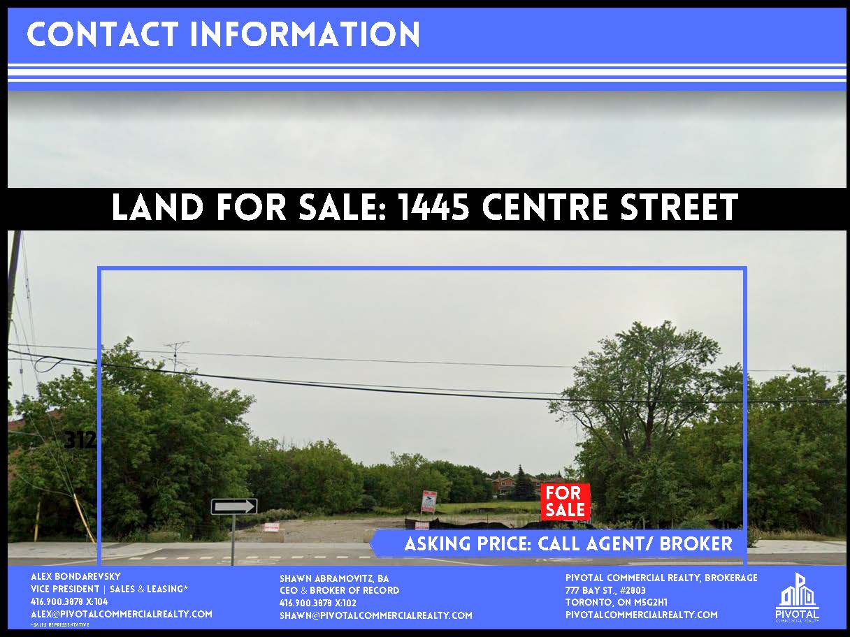 A real estate flyer for land for sale at 1445 Centre Street, featuring a photo of an empty, tree-lined lot.
