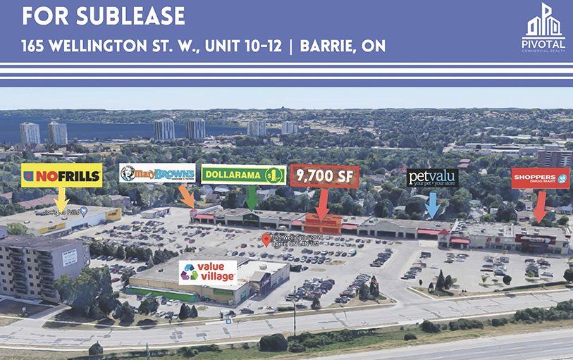 Aerial view of a Barrie, ON shopping plaza at 165 Wellington St. W. with labels identifying various retail stores.