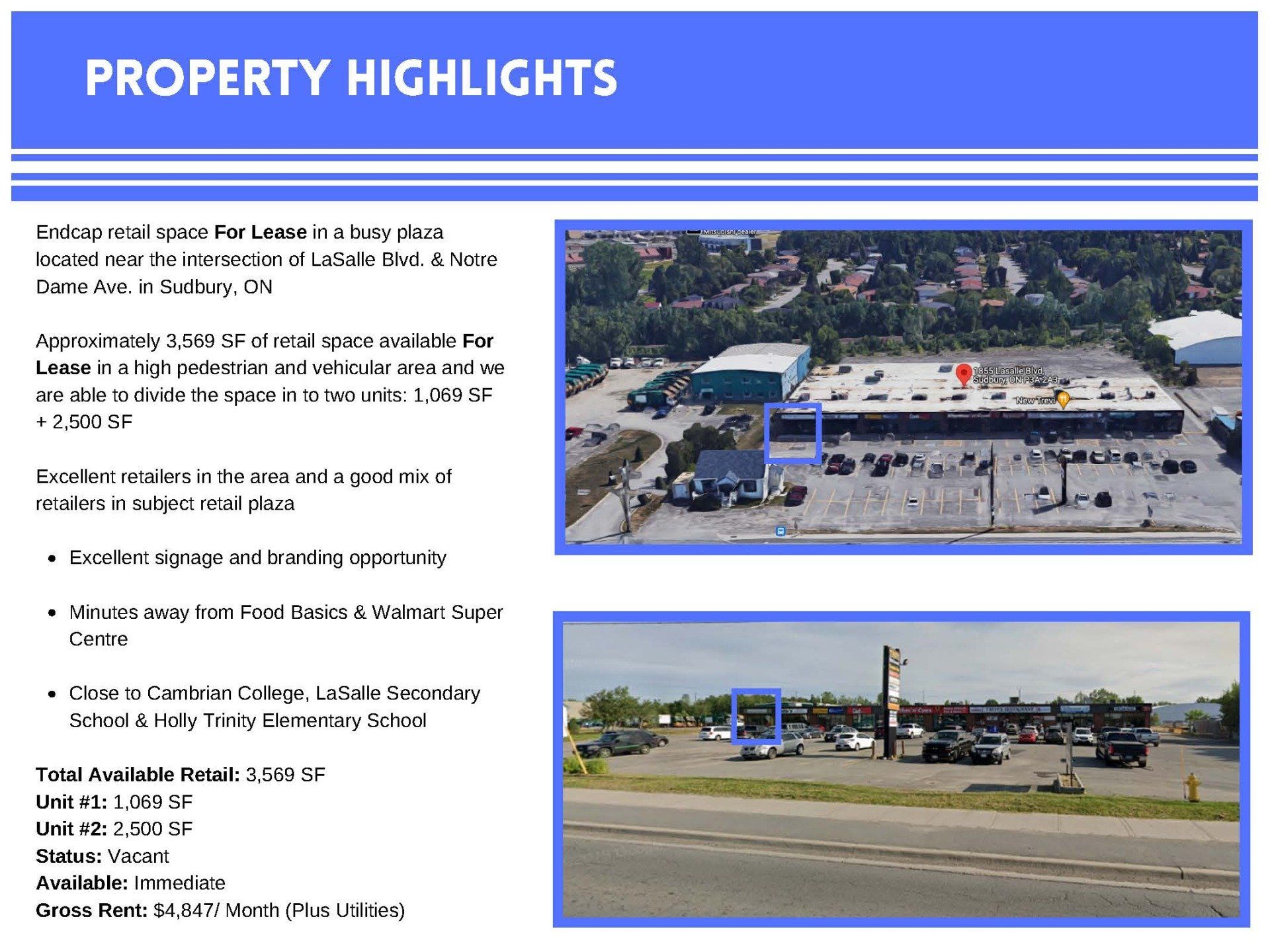 A real estate flyer listing retail space for lease in Sudbury, ON, with property details, key highlights, and two photos.