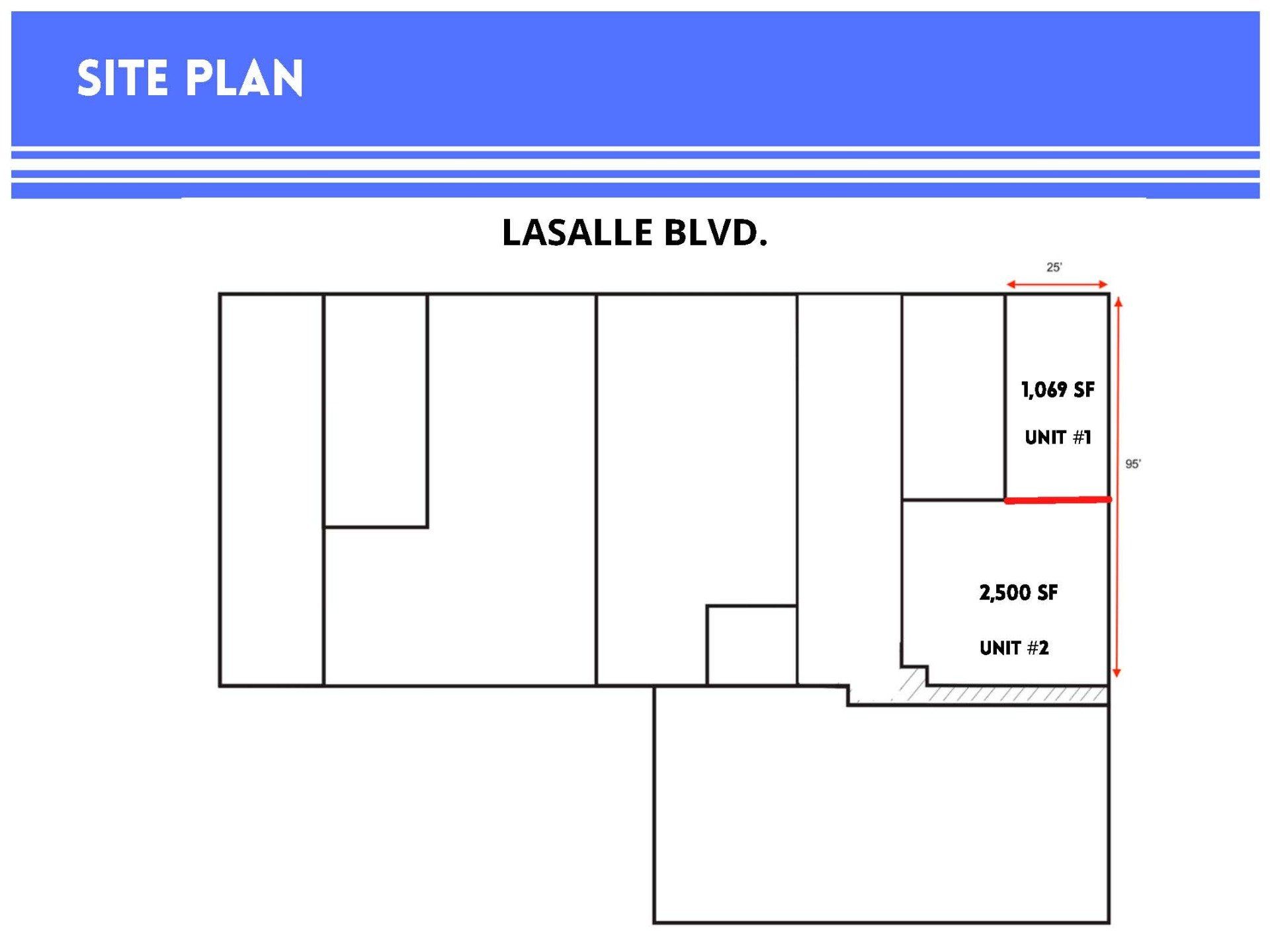 A site plan diagram of a retail strip mall located on Lasalle Blvd, highlighting two specific units with area labels.
