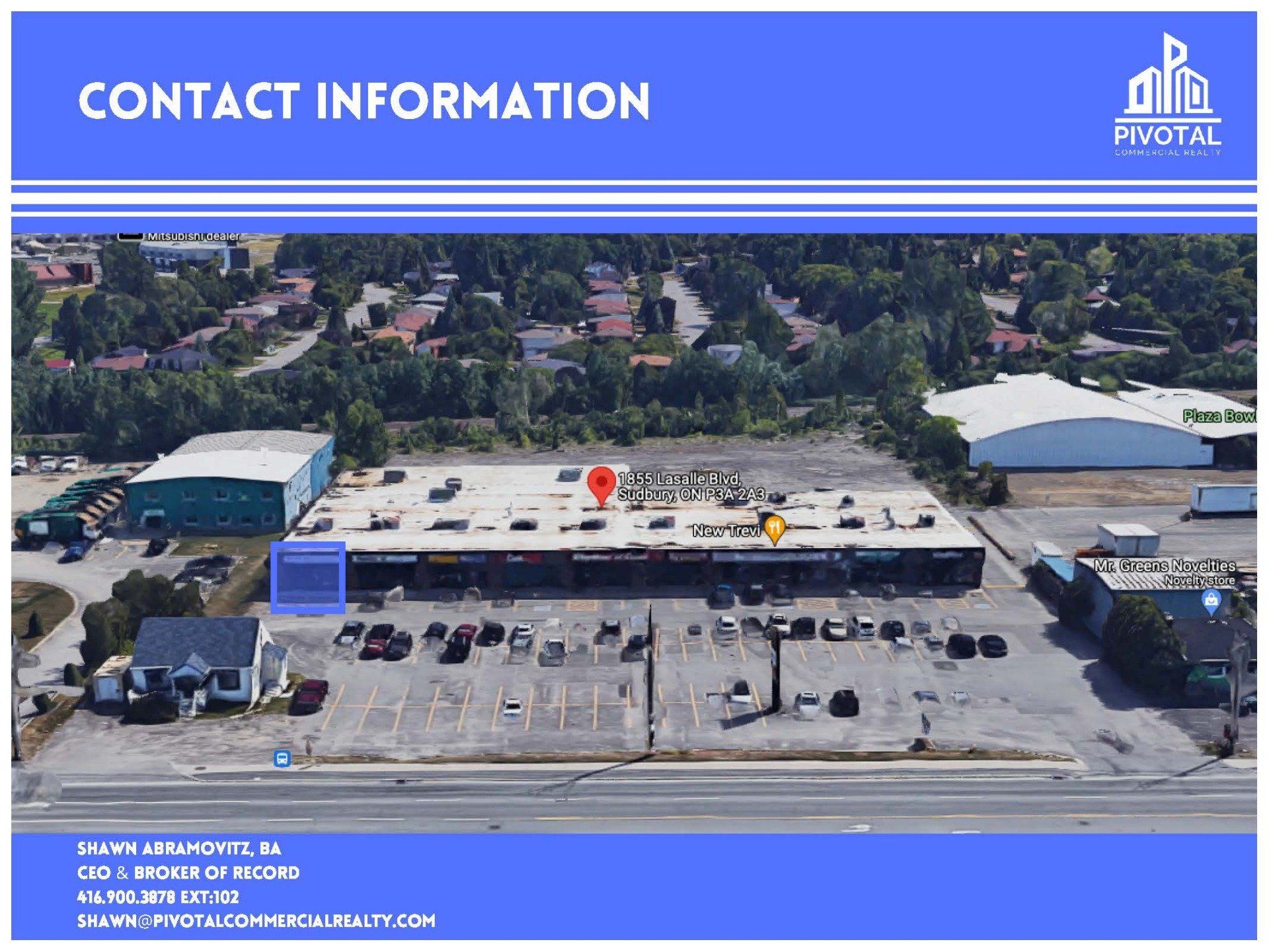 Aerial view of a strip mall with parking lot and surrounding greenery, labeled with business contact information.