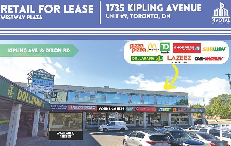 A retail for lease sign for Westway Plaza, Toronto, showing the storefronts and a list of existing tenants.